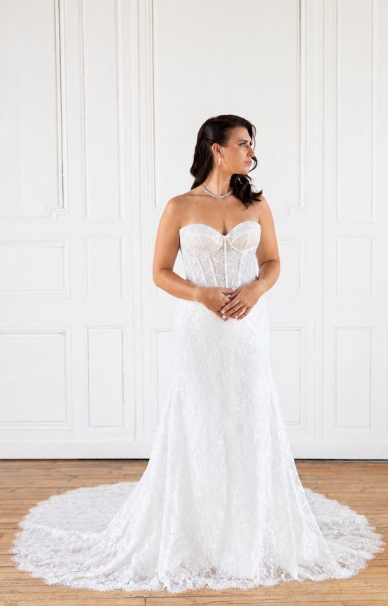 Robe de mariée Aura, haut bustier, jupe dentelle