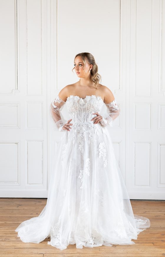Robe de mariée Ivy, haut manches longues, doublure nude