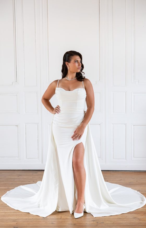 Robe de mariée Sienna, haut bretelles fines, traîne détachable
