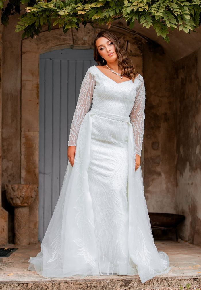 Robe sirène manches longues avec traine détachable
