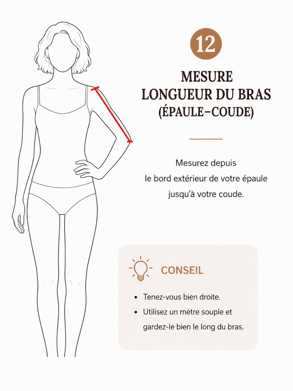 Mesure 12, longueur du bras, épaule coude
